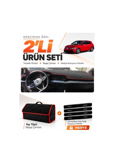 Volkswagen Golf 8 2021-2025 Uyumlu Torpido Örtüsü + Tay Tüyü Çanta + Sticker - Siyah Kırmızı