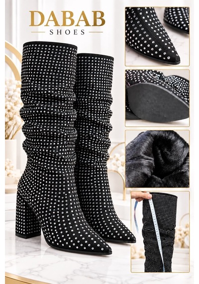 Dabab Shoes Vessa Kadın Gümüş Taş Detaylı Siyah Sivri Burun Körüklü Uzun Konç 6 Cm Kalın Topuklu Çizme Dabab Shoes Vessa Kadın Gümüş Taş Detaylı Siyah Sivri Burun Körüklü Uzun Konç 6 Cm Kalın Topuklu Çizme