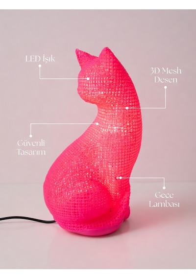 Dekoratif Kedi Figürlü Gece Lambası 3d Yazıcı Baskı Hediyelik Masa Lambası Aydınlatma 23cm Pembe