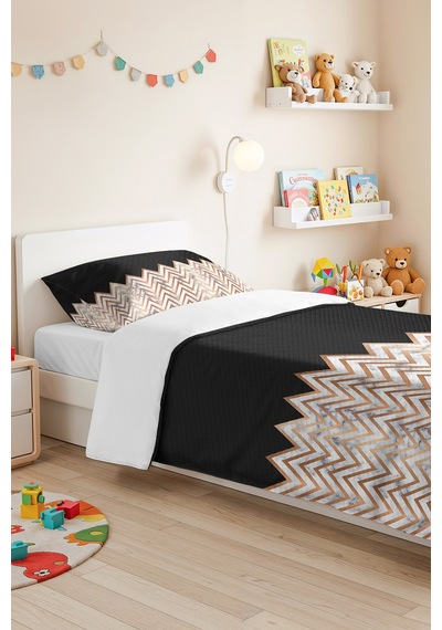 Siyah Geometrik Modern Tek Kişilik Pike Takımı - Mermer Görünümlü Bakır 160x220 Cm Yatak Örtüsü Mistik Harmoni Harmonu