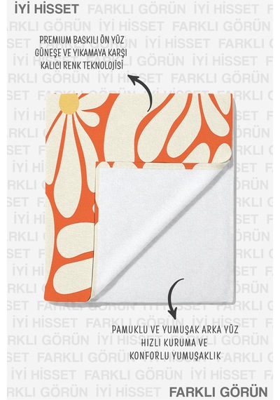 Çiçek Desenli Turuncu Beyaz Plaj Havlusu - Retro Floral Modern Hızlı Kuruyan Mikrofiber Havlu Köpük Şakayık