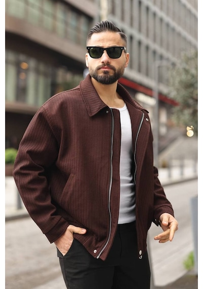 Yeni Sezon Dokulu Oversize Bol Kalıp Bomber Ceket Kahverengi