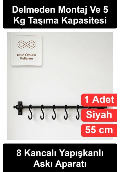 Askıaparatı 8 Kancalı Yapışkanlı Askı Aparatı 55 Cm Vidasız Delmeden Montaj Mutfak Banyo Duvar Orga Çok Renkli