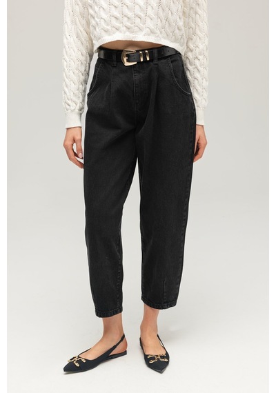 Sââde Kadın Yüksek Bel Relaxed Fit Mom Jean Pantolon - Pileli Siyah