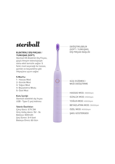 Steriball Elektrikli Diş Fırçası Lila - 5 Farklı Mod Değiştirilebilir Fırça Başlığı Type-c Şarj Şarjlı