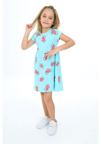 Toontoy Kız Çocuk Baskılı Relax Fit Bisiklet Yaka Kısa Kollu Elbise Mint Yeşili
