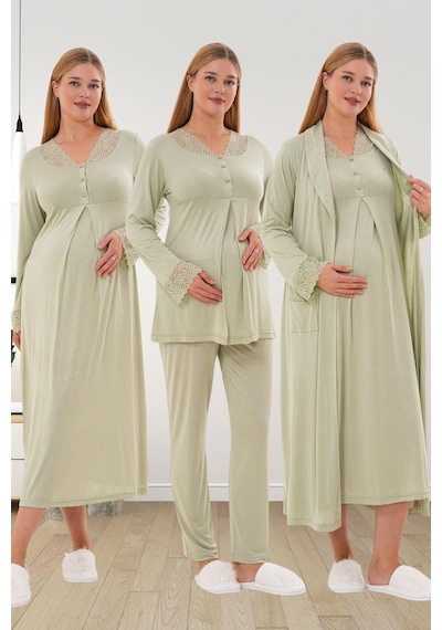 Mecit Pijama Mecit 6332 Yeşil Sabahlık Gecelik Pijama Hamile Lohusa Set