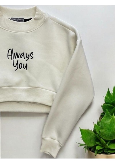 Kız Çocuk Üç İplik Şardonlu Always Yazılı Crop Sweatshirt-14377 KREM