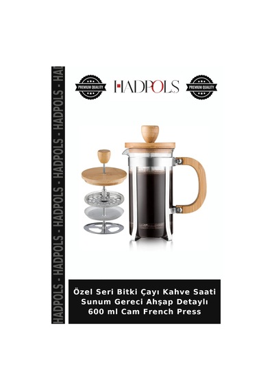 Özel Seri Bitki Çayı Kahve Saati Sunum Gereci Ahşap Detaylı 600 Ml Cam French Press Ahşap - Şeffaf