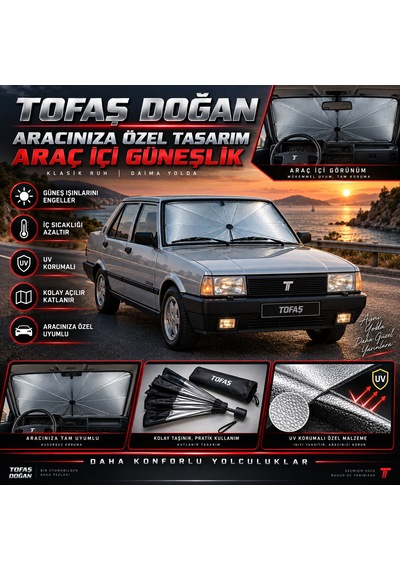 Tofaş Doğan Araç Ön Cam Güneşliği Katlanabilir Şemsiye Oto Güneşlik Uv Korumalı Gölgelik Araba Oto Şemsiyesi