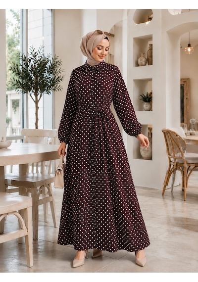 %100 Pamuklu-puantiye Desenli Mango Kumaş Kuşaklı Gömlek Elbise Yan Cepli 135 Cm Siyah