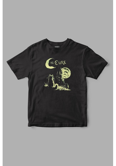 The Cure Cat Kedi Baskılı Tişört SIYAH