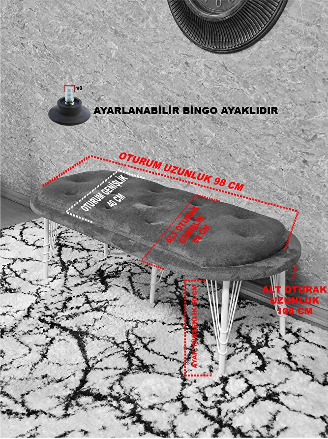 Ufo Oturak Bench - Beyaz Boyalı Telli Ayak - Oturak - Bench - Puf Çok Renkli