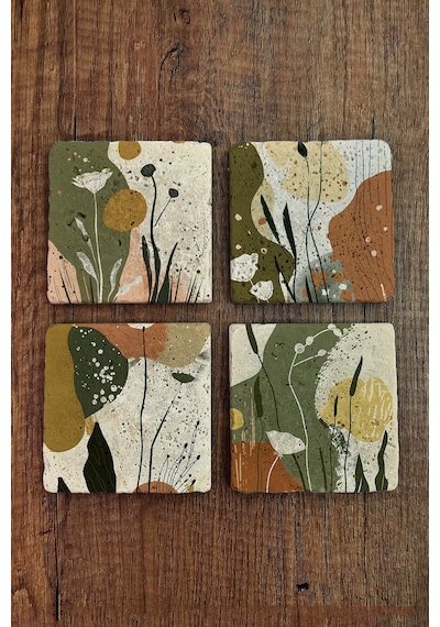 Modern Tasarımlar Temalı Doğal Taş Bardak Altlığı - Stone Coasters Çok Renkli