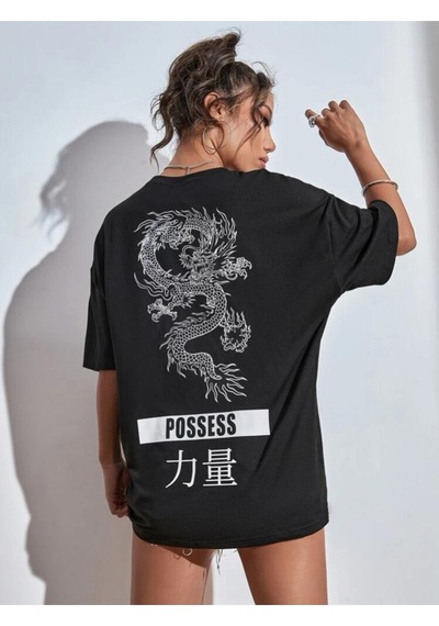 Kadın Siyah Oversize Pamuk Dragon Baskılı T-shirt Siyah