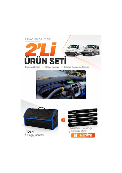 E-biz Renault Trafıc 2001-2014 Uyumlu Torpido Örtüsü + Deri Bagaj Çantası - Siyah-mavi - Re046