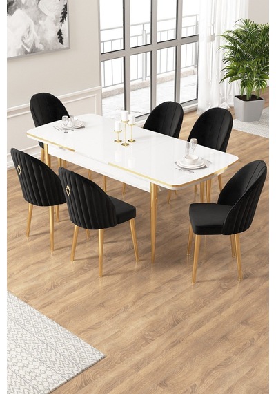 Canisa Edaf Serisi 80x132 Açılabilir Beyaz Mutfak Masa Takımı 6 Siyah Sandalye Gold Detay Masa Beyaz Sandalye Cappucino Ayak Gold Canisa Edaf Serisi 80x132 Açılabilir Beyaz Mutfak Masa Takımı 6 Siyah Sandalye Gold Detay Masa Beyaz Sandalye Cappucino Ayak Gold