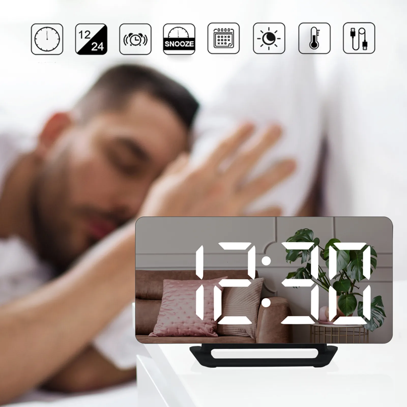 Hpytech Led Aynalı Dijital Masa&duvar Saati Sessiz, Termometre, Usb Şarj,alarm Modern Şık Tasarım