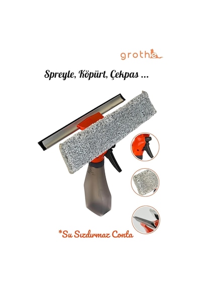 Grothe Spreyli Camsil - 2 Bezli Çekpas Deterjan Su Hazneli Silikonlu Microfiber Cam Ayna Temizleyici