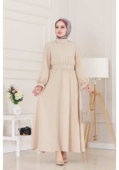 Sevitli Kolu Volanlı Kemerli Henna Elbise-bej-5057 Bej