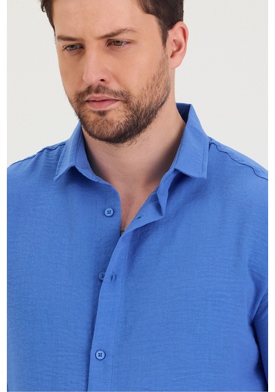 Cool Tarz Erkek Slim Fit Dar Kalıp Uzun Kol Pamuklu Keten Efekt Gömlek Saks Mavi Saks Mavi