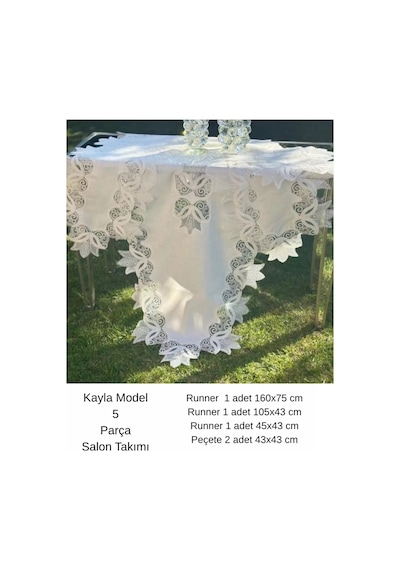 Salon Takımı 5 Parça Keten Dantelli Masa Örtüsü Runner Seti Çeyizlik Kayla Model Krem-krem Bzckh615 Çok Renkli