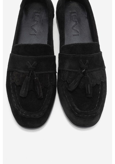 Luvishoes Luvi Shoes Lupen Siyah Süet Püsküllü Hakiki Deri Kadın Loafer Ayakkabı Siyah