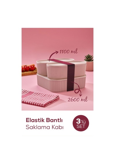 Vienev 3'lü Elastik Bantlı İstiflenebilir Pratik Saklama Kabı Seti 2x 1100 Ml 1x 2600 Ml Pembe