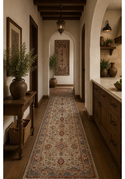 Salon Halısı Krem Mavi Floral Desenli Kaymaz Taban Th3031 Krem - Mavi