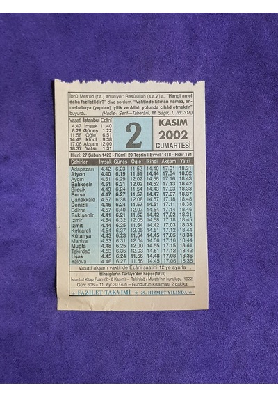 2 Kasım 2002 Takvim Yaprağı - Nostalji Koleksiyonluk Takvim Yaprağı