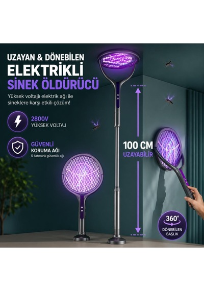 Coofbe 2800w Şarjlı Elektriki Sivrisinek Öldürücü Raket Sineksavar 5 Katmanlı Uv Işıklı Teleskopic Sinek Raketi