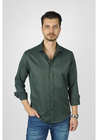 Yeşil Saten Slimfit Erkek Gömlek Yeşil