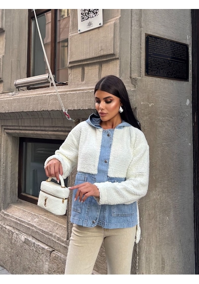 Esra Butik78 Kadın %100 Pamuk Kapüşonlu Çıtçıtlı Denim Detaylı Peluş Ceket Oversize Günlük Mont Beyaz Esra Butik78 Kadın %100 Pamuk Kapüşonlu Çıtçıtlı Denim Detaylı Peluş Ceket Oversize Günlük Mont Beyaz