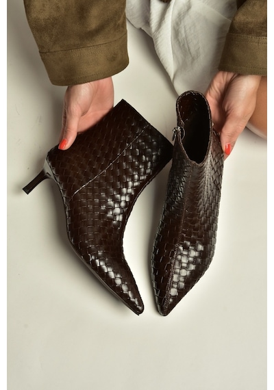 Fox Shoes Z676588909 Kahverengi Örgü Detaylı Kitten Topuklu Bilek Boy Kadın Bot