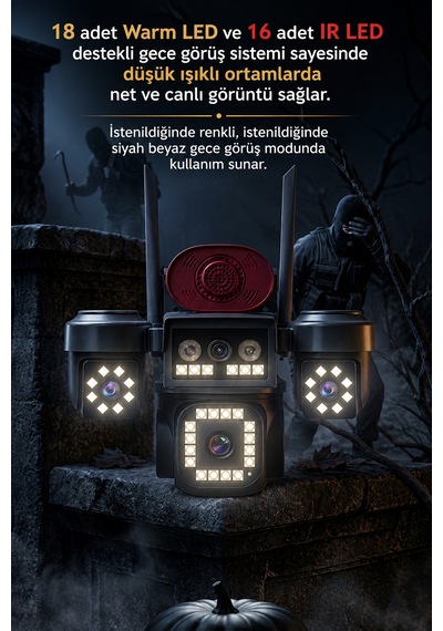 Sım-840w 4 Kameralı Güvenlik Kamerası 12mp Wifi Ptz Aı Hareket Takipli Renkli Gece Görüşlü Ip Kamera +64gb Hafıza Kart Dahil