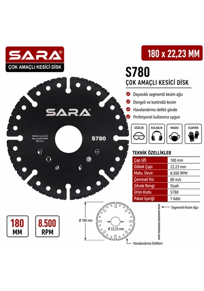 Sara S780 180 Mm Çok Amaçlı Elmas Kesme Diski Islak Ve Kuru Kesim, 22,23 Mm