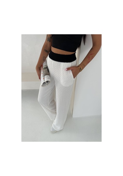 Gugus Kadın Gofre Beli Güpür Lastikli Wide Lege Yazlık Pantolon Beyaz