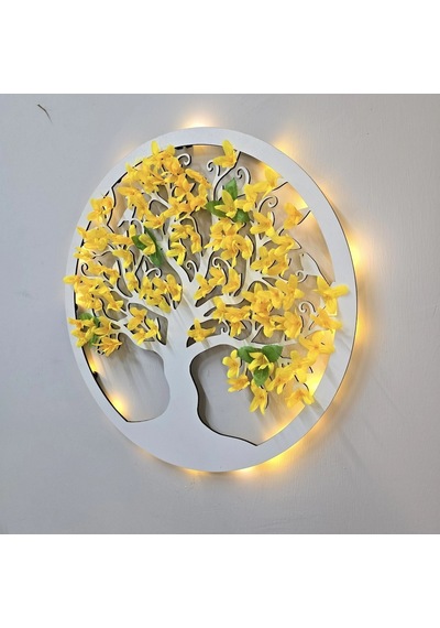 Led Işıklı Ve Sarı Sakura Hayat Ağacı Tablo 40cm - Beyaz