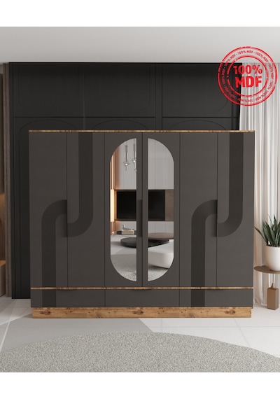 Ekin 6 Kapaklı Çekmeceli Bazalı Gardırop - Tamamı Mdf Antrasit