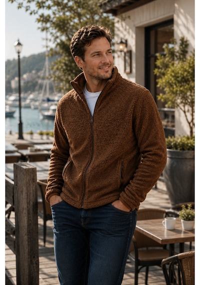 Luxıc Core Erkek Peluş Mont Slim Fit Dik Yaka Fermuarlı Cepli Günlük Spor Ceket Kahverengi