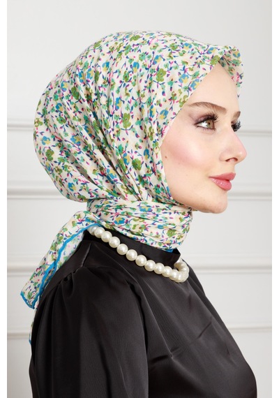 Sevitli Çiçek Desen Pamuklu Eşarp-yeşil-4417