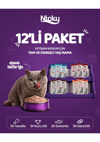 Nicky Yetişkin Kediler Için Et Püresi 85 Gr X 12 Adet
