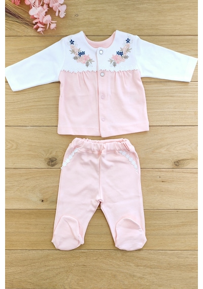 Sitilin Kız Bebek Pembe 10'lu Hastane Çıkışı Natural İşlemeli Set Stl4663 Ekru