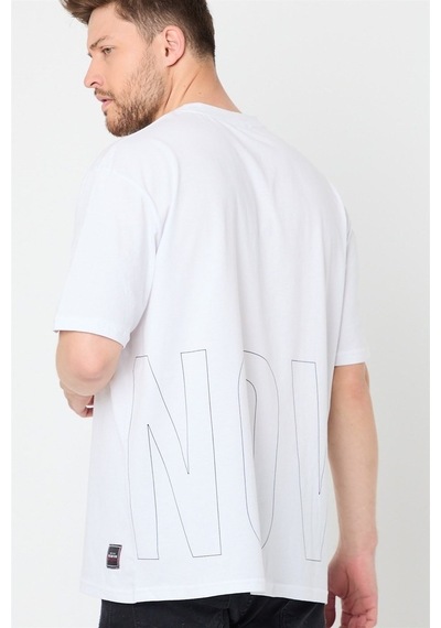Comeor Erkek Beyaz Baskılı Basic Oversize Bisiklet Yaka Kısa Koll Beyaz