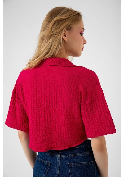 Bbbutikbasic Bürümcük Cepli Crop Gömlek Fuşya