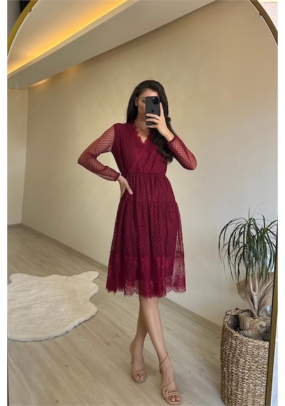 Neşeli Butik Kadın Kruvaze Yaka Dantelli Tül Elbise Nm010 Bordo
