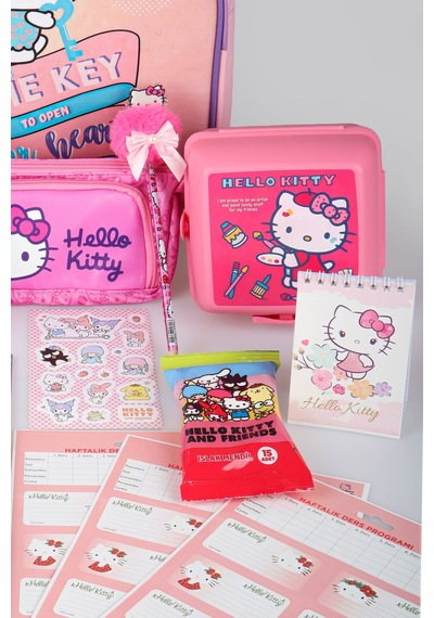 X Dekomus Heart Key Collection Hello Kitty Lisanslı Full Kırtasiye Seti İlkokul Çantası,beslenme Kabı,matara Açık Gri