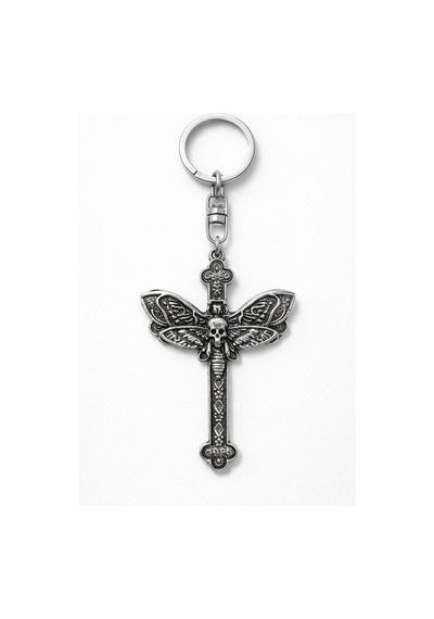 Gotik Kuru Kafa Butterfly Haç Figürlü Metal Anahtarlık Unisex