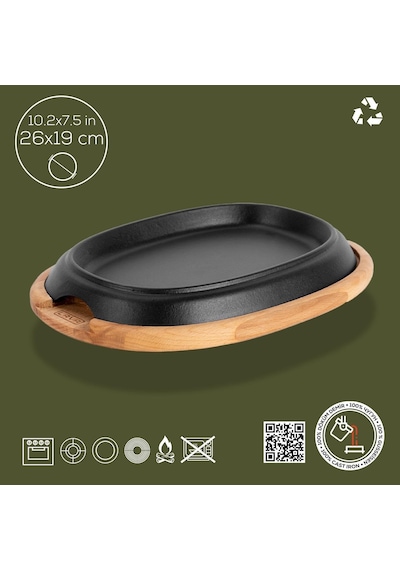 Lava Döküm Oval Fajita Tabağı Kayın Servis Ahşabı Ölçü 26x19cm Genel