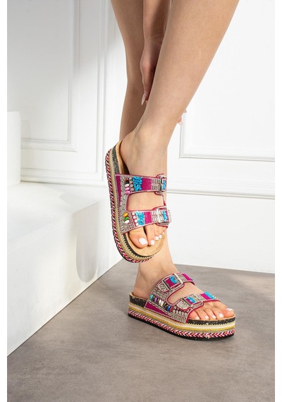 Shoete More Kadın Terli Dolgu Tabanlı Full Taşlı Fuşya Fuşya